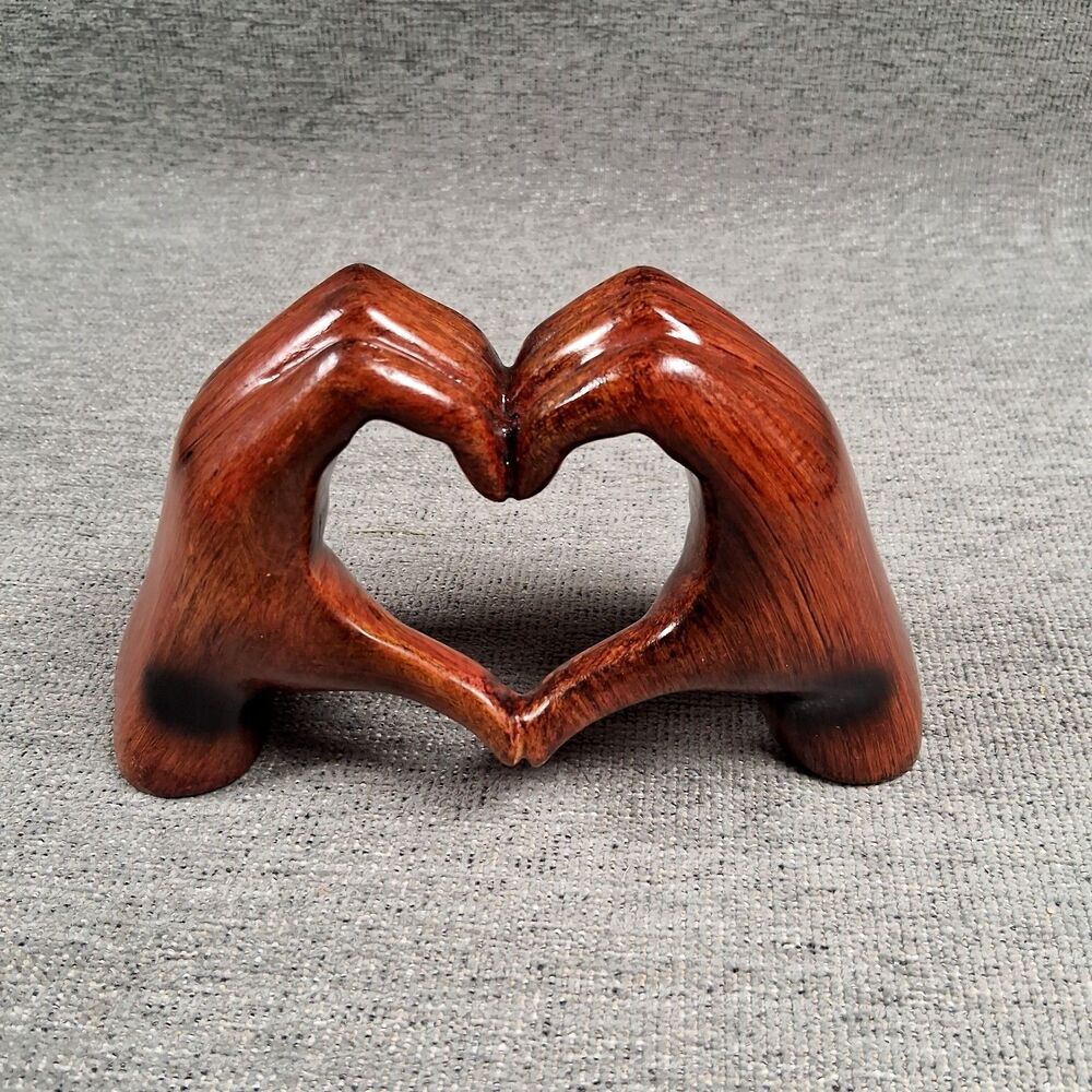 Hand Carved Wooden Heart Hands Sculpture Hand Sign Love Home Decor Figurine